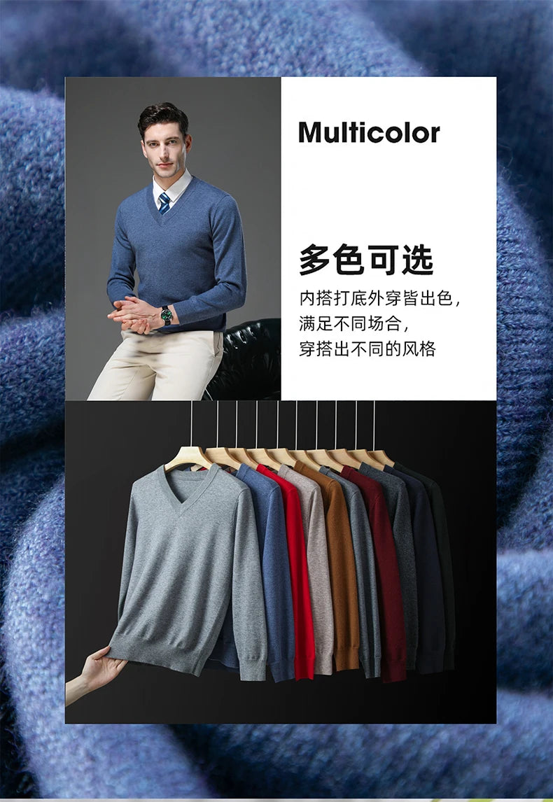 Men's Warm V-Neck Solid Colour Sweater, Autumn & Winter Stretch Top, Daily Leisure Pullover Knitwear, Male Business Casual