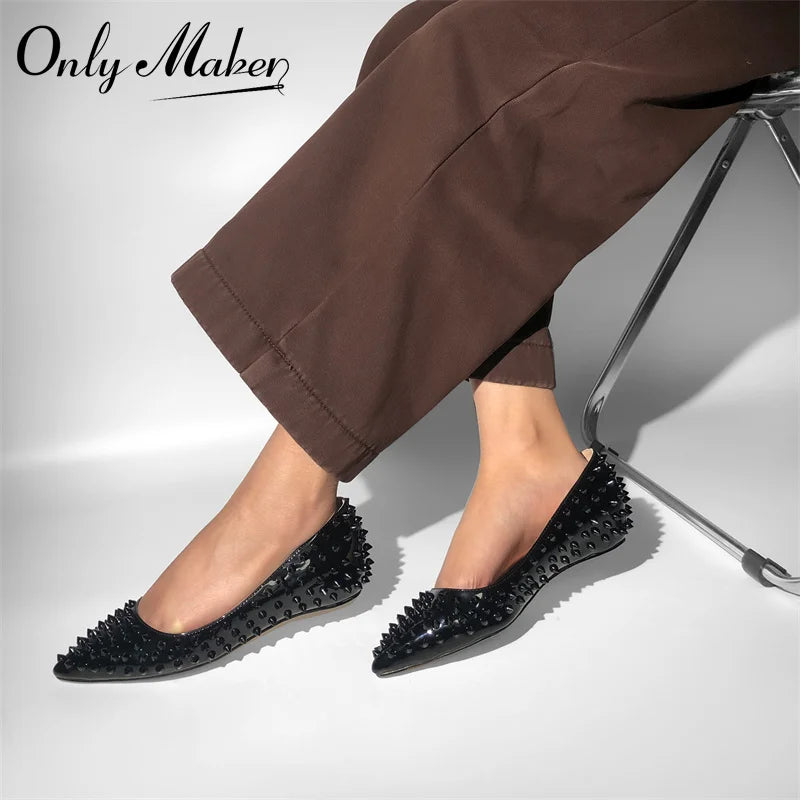 Woman Pointed Toe Rivet Slip On Black Studded Ballet Flat Fashion Elegent Shoes