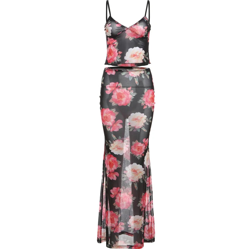 Women's Floral Print 2 Piece Set Slits Slim Long Skirt + Low-Neck Camisole 2025 Vacation Matching Fashion Elegant Hipster Suits