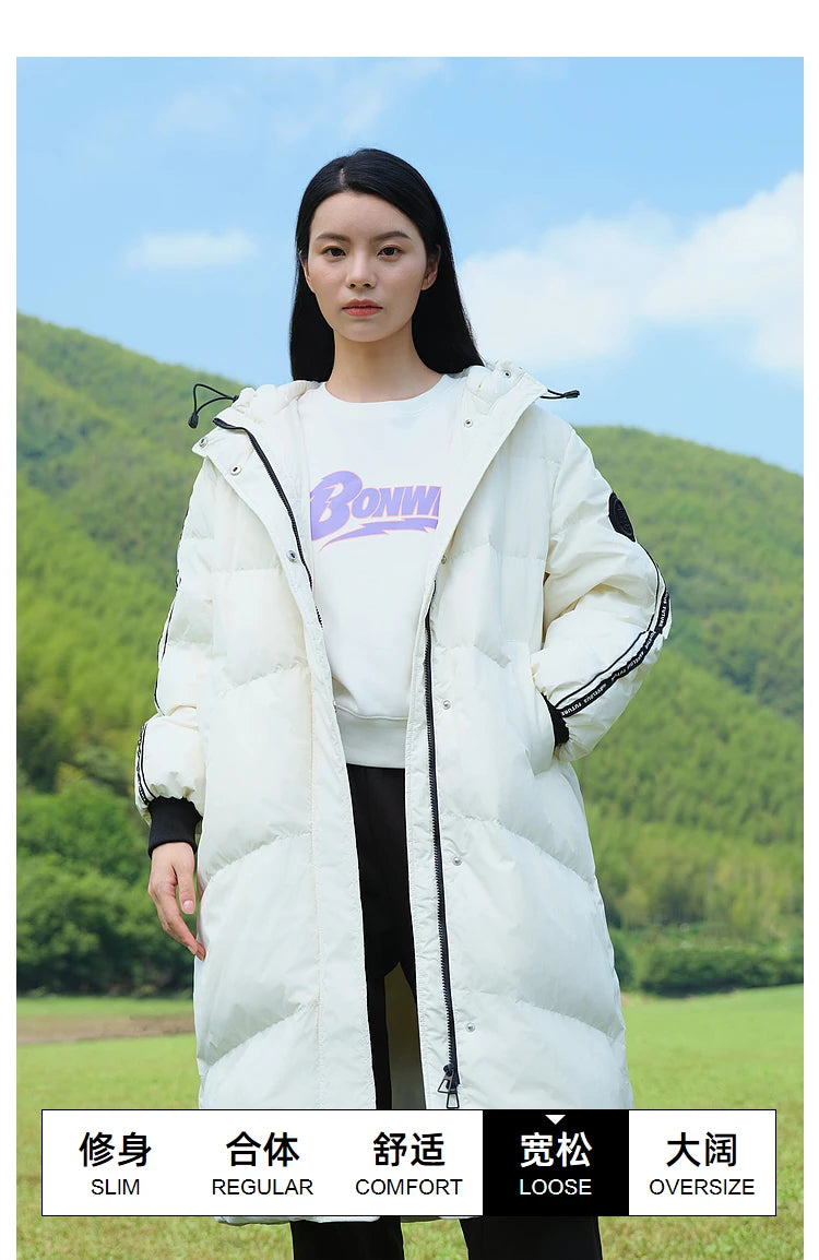 Women's Long Puffer Coat With Striped Webbing, Oversized Straight-Cut Sporty Style, Duck Down Thick Warm Jacket