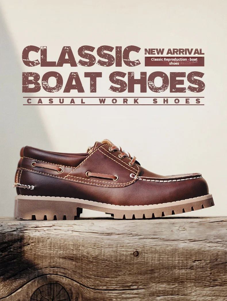 Men's Vintage Second-layer Cowhide Boat Shoes Genuine Leather Derby Shoes Round Toe Low Top Boots British Style Work Shoes