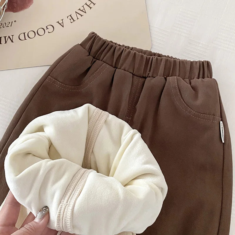 Fleece Padded Warm Winter Kids Baby Boys and Girls Pants Toddler Kids Solid Straight Plush Trousers 1-6Y