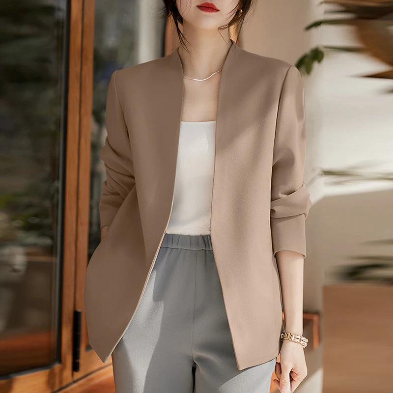 2025 Autumn Lightweight Blazer for Woman V-Neck Long Sleeve Solid Colour Casual Suit Coats Korean Fashion Office Wear