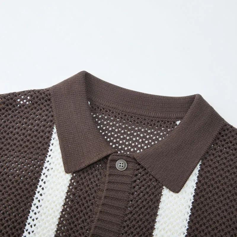 Men's Autumn/Winter Colour-Block Striped Polo Collar Knitted High Quality Hollow Out Cardigan With 60% Cotton