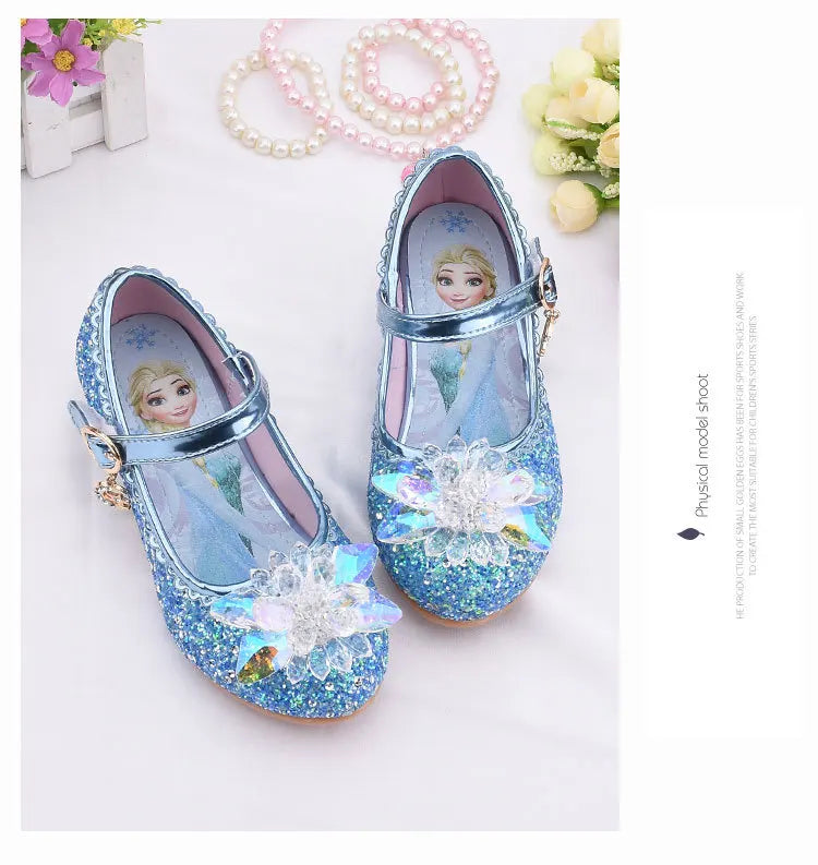 Frozen Elsa Princess Girls Leather Crystal Shoes Glitter Casual High Heels Girls Sandals Pink Blue Silver Elsa Shoes