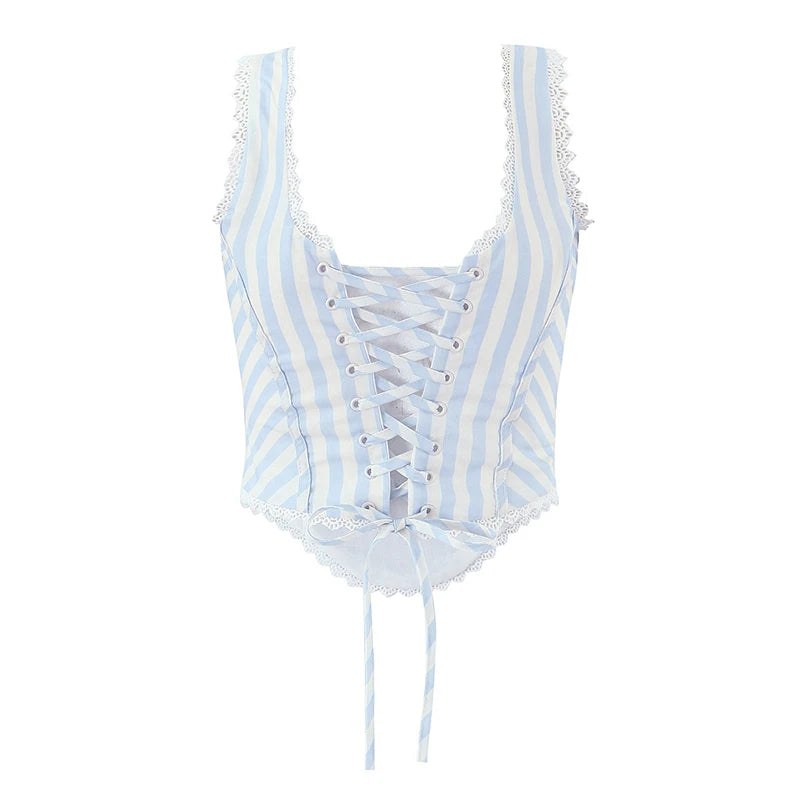 2025 Kanten gesplitste gestreepte korset camis dames kruis vetersluiting bandage rug vierkante hals zomer tanktop slim fit crop top