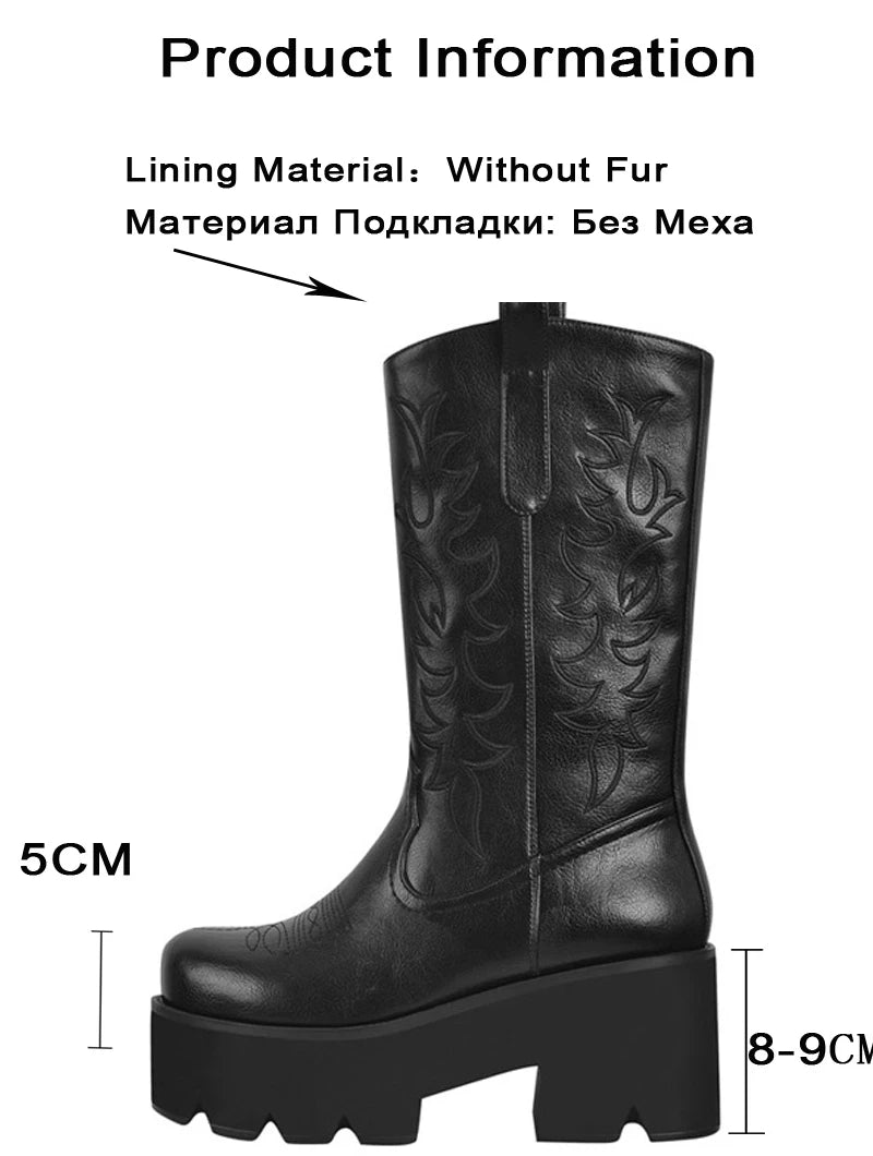 Women Platform Mid Calf Boots Black Chunky High Heels Big Size Lady Short Booties
