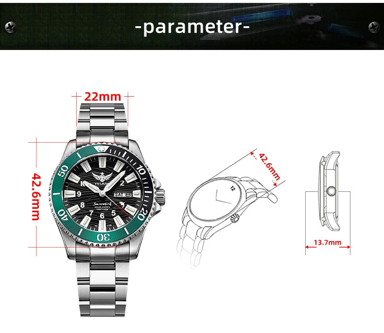 Yelang V1217 42mm Japan Eco-Drive Solar Watch Men's Watch 300M Diver Watch 30ATM Professional Waterproof Sapphire Luminous