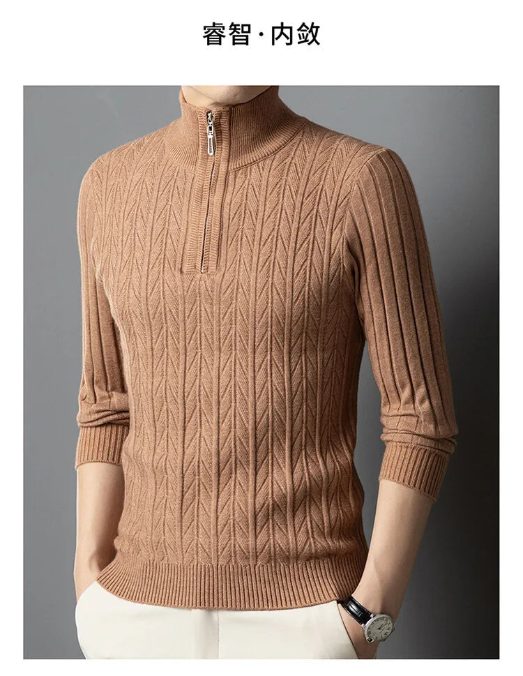 Men's High-Quality Semi-High-Neck, Business Casual Warm Sweater, Stretchy Striped Male Pullover Sizes M-4XL