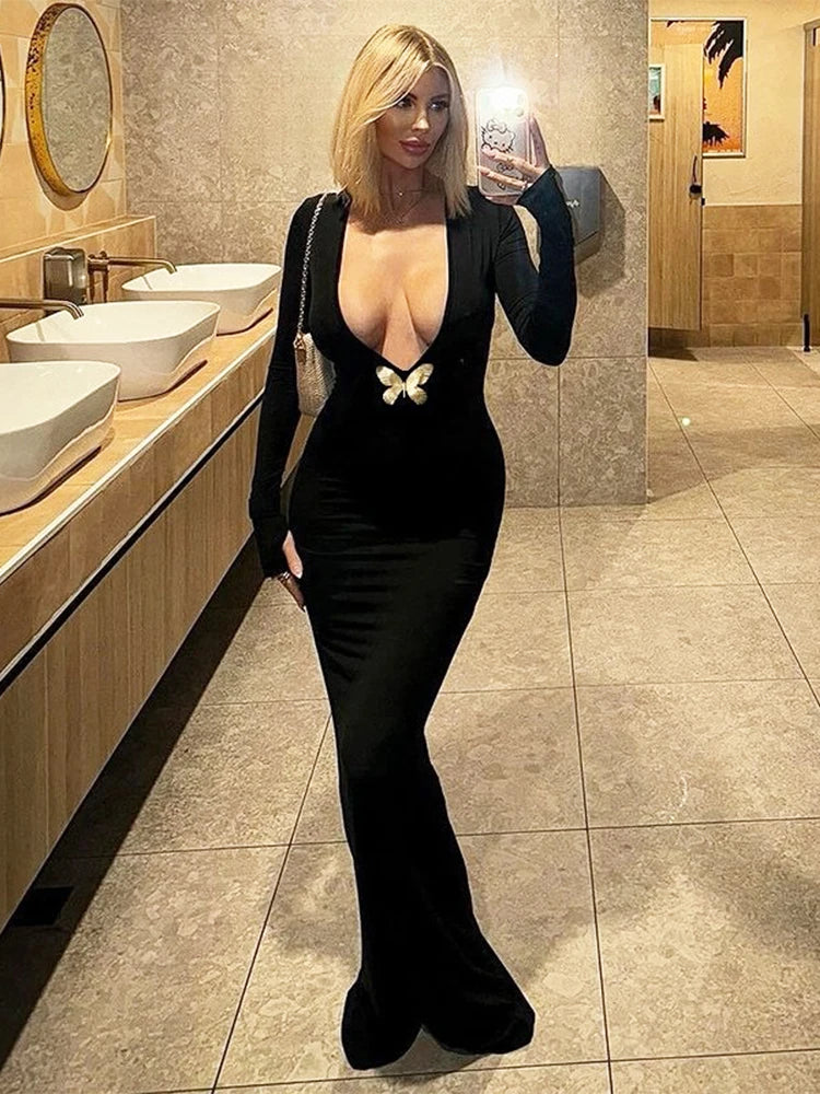 Women's Metal Butterfly Decoration Dress Sexy Deep V-Neck Full Sleeve Gown Midnight Prom Party Elegant Skinny Vestidos