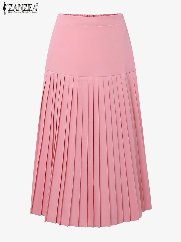 Elegant A-Line Pleated Skirts Women Fashion High Waist Patchwork Midi Faldas Mujer Office Commuting Solid Jupes Femme