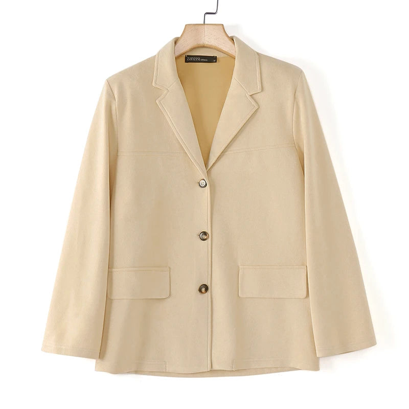 Casual Suede Women's Blazer 2025 Spring Fall Long Sleeve Lapel Neck Suit Jackets Elegant Single-Breasted Streetwear Coats