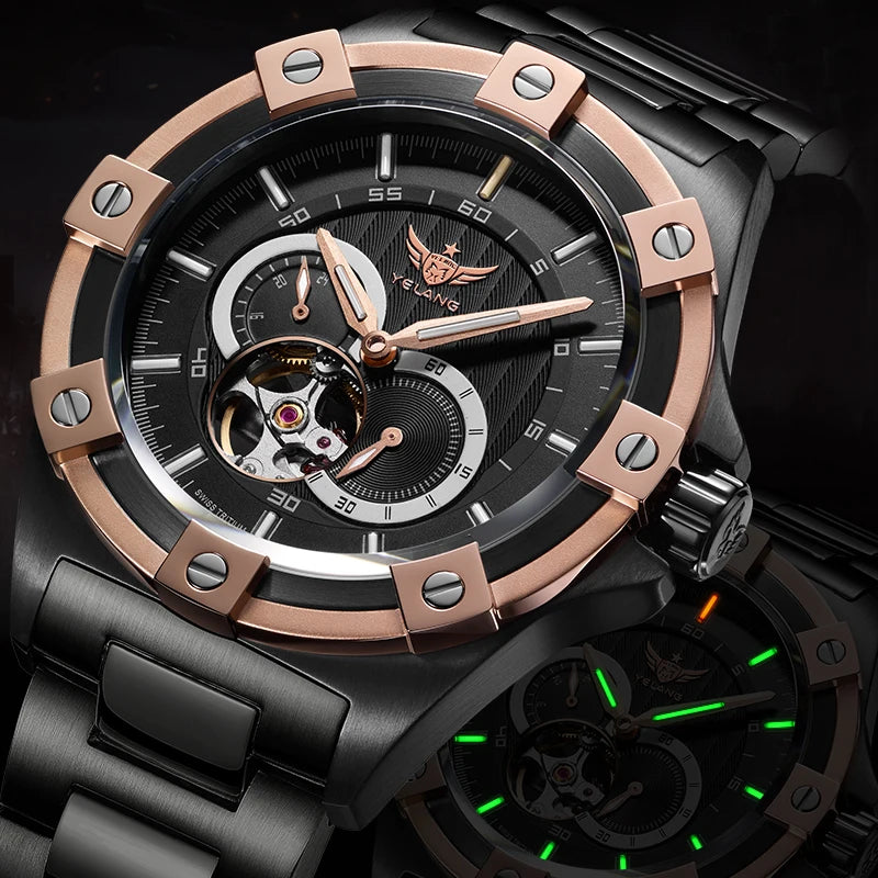 Yelang V1024 Men's 44mm Automatic Mechanical Watch Luminous 100m Water Resistant Japan Miyota 82S7 Movement Stainless Steel Band