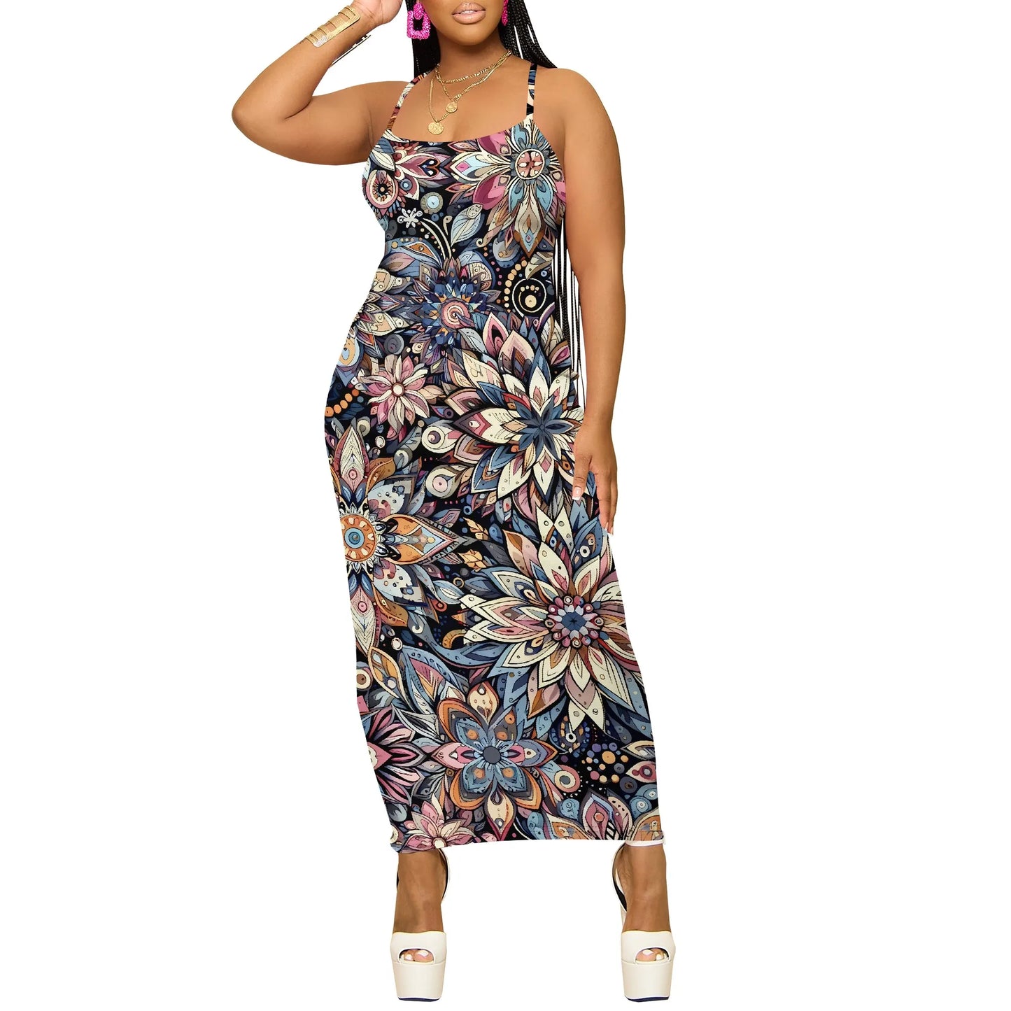 Elegant Spaghetti Strap Maxi Dress for Women Summer Black Floral Print Slim Fit Casual Beach Dress