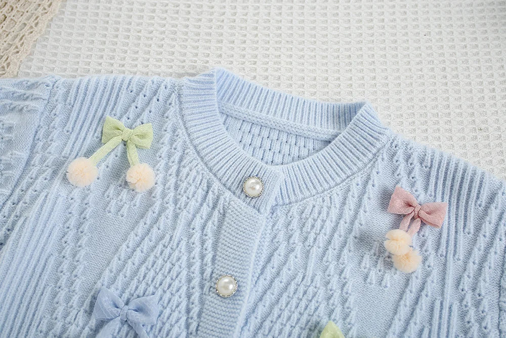 New Autumn Kids Knitted Cardigan Candy Colour Bow Girls Knitted Sweater Korean Loose Children Tops 9M-5T Girls