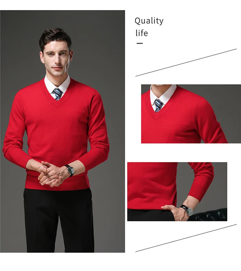 Men's Warm V-Neck Solid Colour Sweater, Autumn & Winter Stretch Top, Daily Leisure Pullover Knitwear, Male Business Casual
