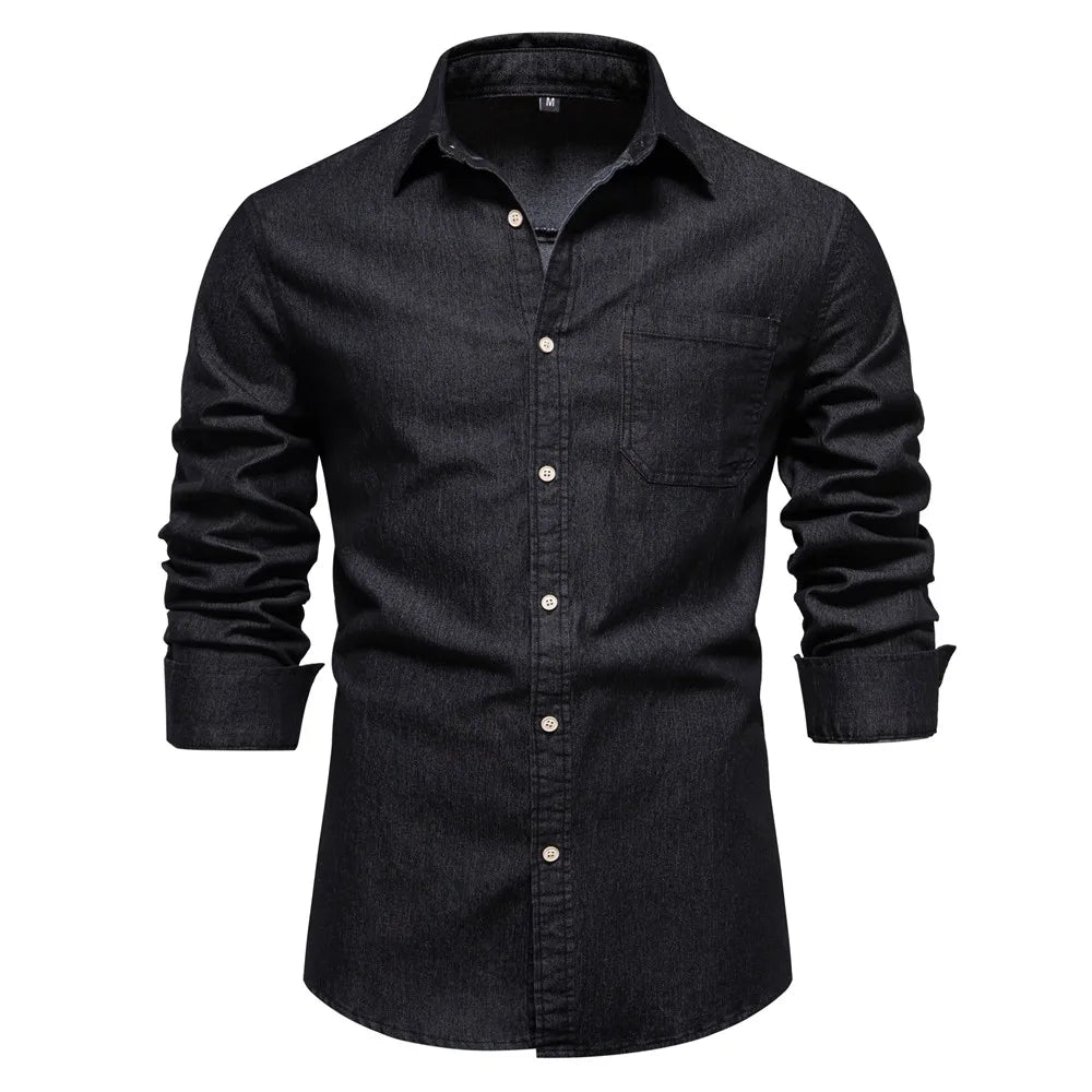 Men's Autumn Cotton Denim Shirt Solid Colour Single Pocket Casual Long Sleeve Jeans Shirt for Men
