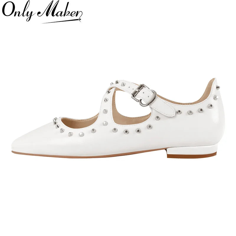 Women White Square Toe Matte Flats Strap Retro Elegant Big Size Daily Flats