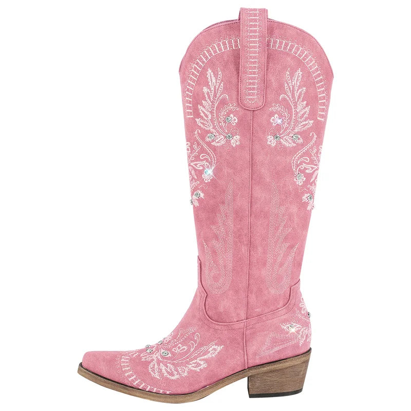 Women Pointed Toe Embroidered White Western Cowboy Boots Block Heel Pull-On Cowgirl Booties