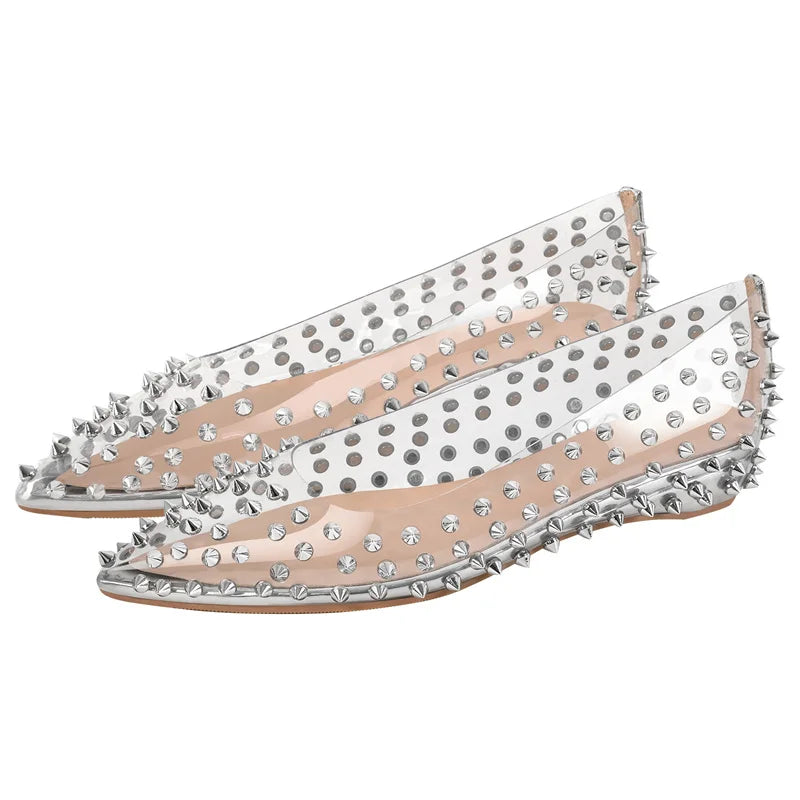 Woman Pointed Toe Rivet Slip On Black Studded Ballet Flat Fashion Elegent Shoes
