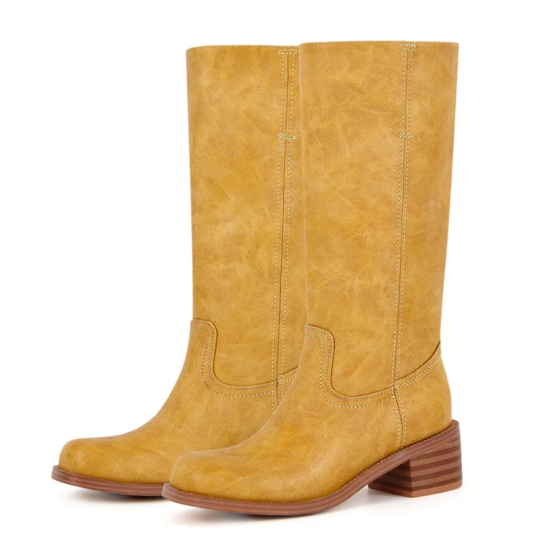 Women Round Toe Knee High Boots Low Heel Fashion Pull on Wide Calf Boots