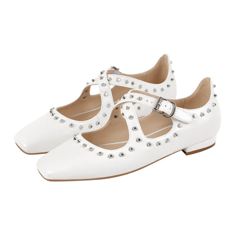 Women White Square Toe Matte Flats Strap Retro Elegant Big Size Daily Flats