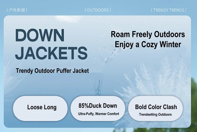 Women's Knee-Length Padded Coat With Detachable Hood, Stylish Colour-Blocking Windproof, Warm Duck Down Jacket For ladies