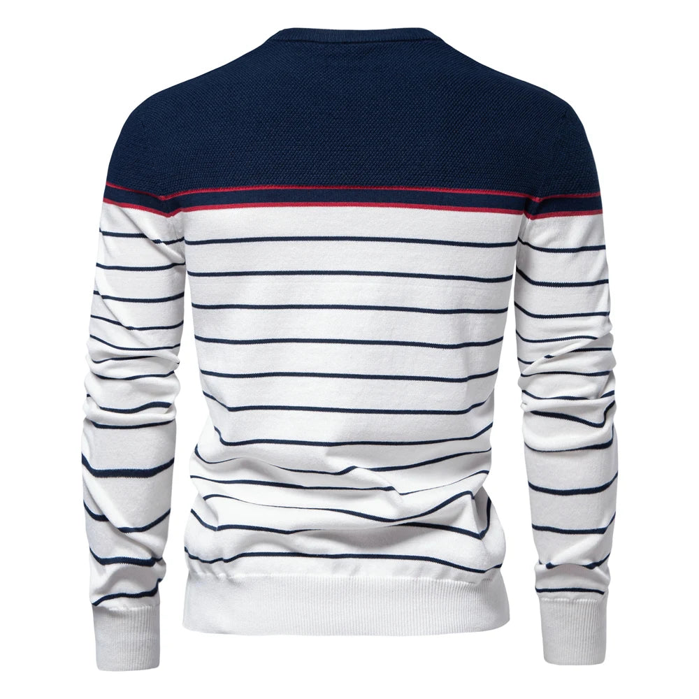 Men's O-neck Cotton Pullover Sweater Striped Casual Autumn and Winter High Quality Knitted Sweaters for Men