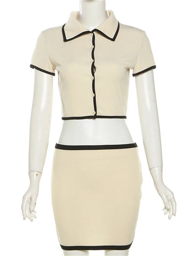 Polo Neck Women 2 Piece Set Ribbed Button Shorts Crop Tops + Mini Skirts Matching Stretch Elegant Streetwear Outfit