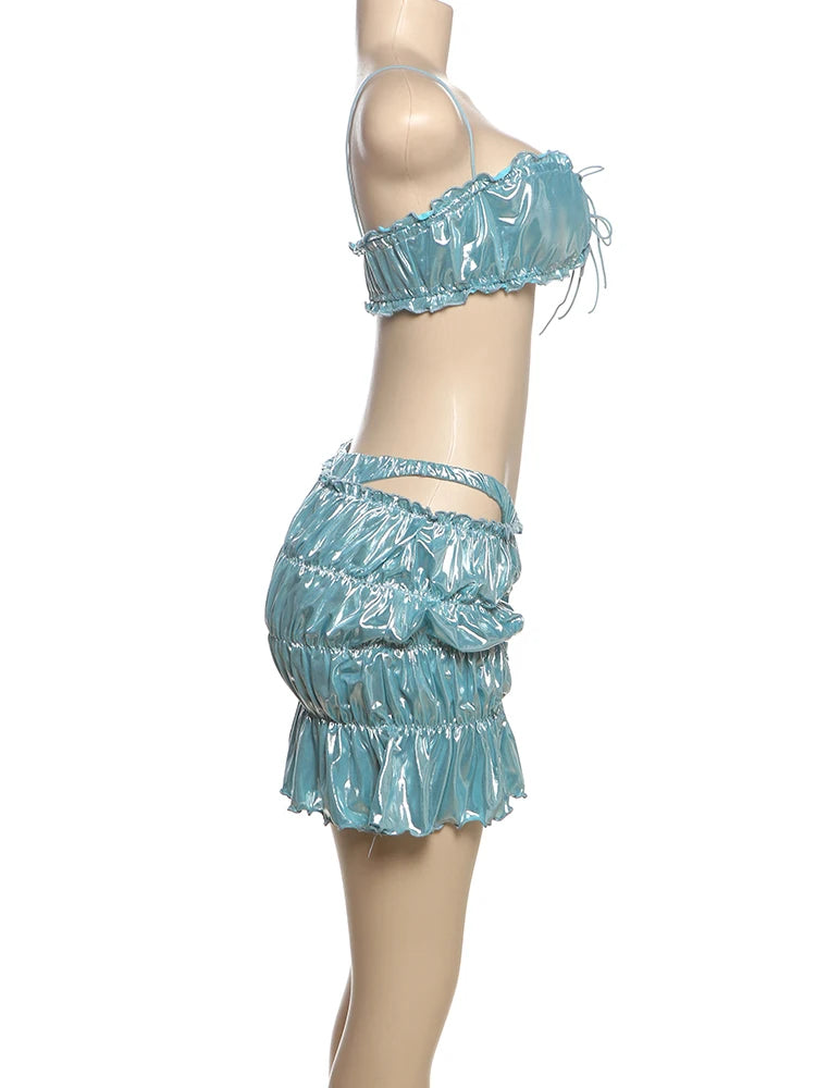 Sexy Beach Style Women 2 Piece Set Y2K Glitter Silky Strapless Bandage Camisole + Briefs + Ruched Ruffles Skirts Clubwear