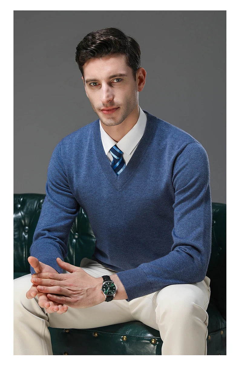 Men's Warm V-Neck Solid Colour Sweater, Autumn & Winter Stretch Top, Daily Leisure Pullover Knitwear, Male Business Casual