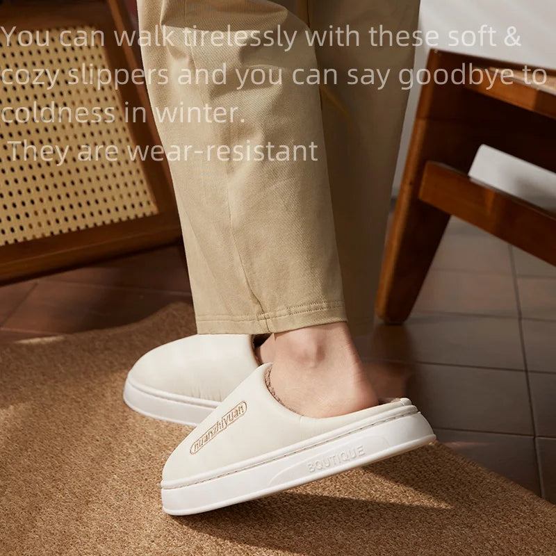 Unisex Anti-slip Waterproof Winter Cotton Slippers Women Men Home Indoor Warm House Shoes Couple Soft Flat PVC Sole Footwear