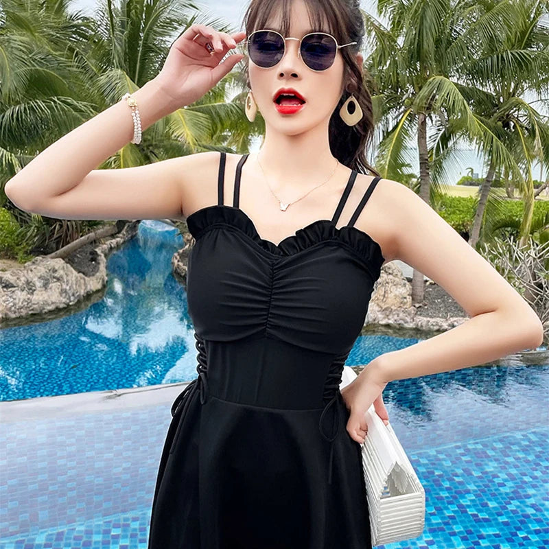 Sweet Cute Ruffle Women Swimwear Beach Holiday One-Piece Pleated Lace Up Swimsuit New Sexy Solid Slimming Hot Spring Swimsuit