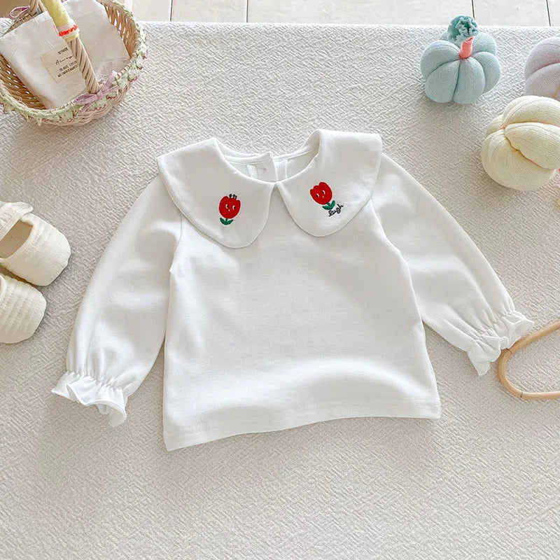 Herfst Baby Onderhemdjes Zoete Borduurwerk Bloem Strik Baby Meisjes Bottoming Shirt Peuter Dunne Kleding Tops 0-3T Meisjes