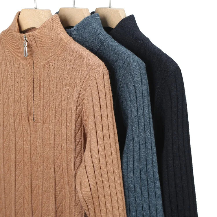Men's High-Quality Semi-High-Neck, Business Casual Warm Sweater, Stretchy Striped Male Pullover Sizes M-4XL