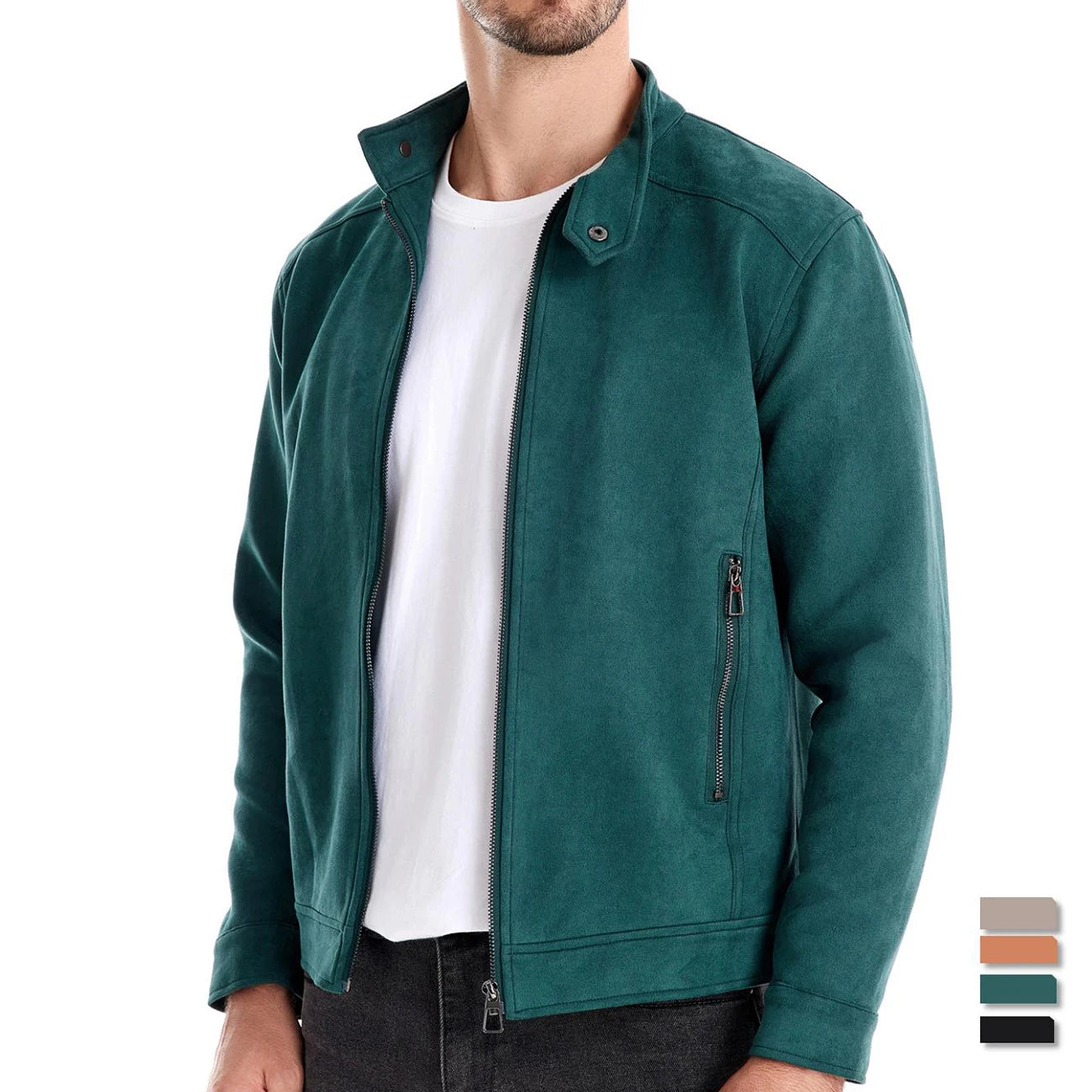 Men's Stand Collar Zip Suede Jacket Fashion Casual Business Faux Leather Trucker Jackets Coat for Men