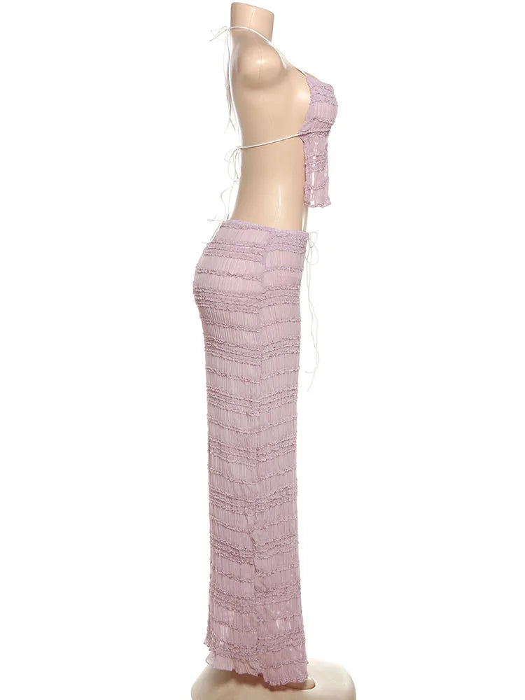 Sexy See-Through 2 Piece Set Women Lace-Up Halter Backless Crop Tops + Ruched Elegant Skirts Vacation Beach Party Suits