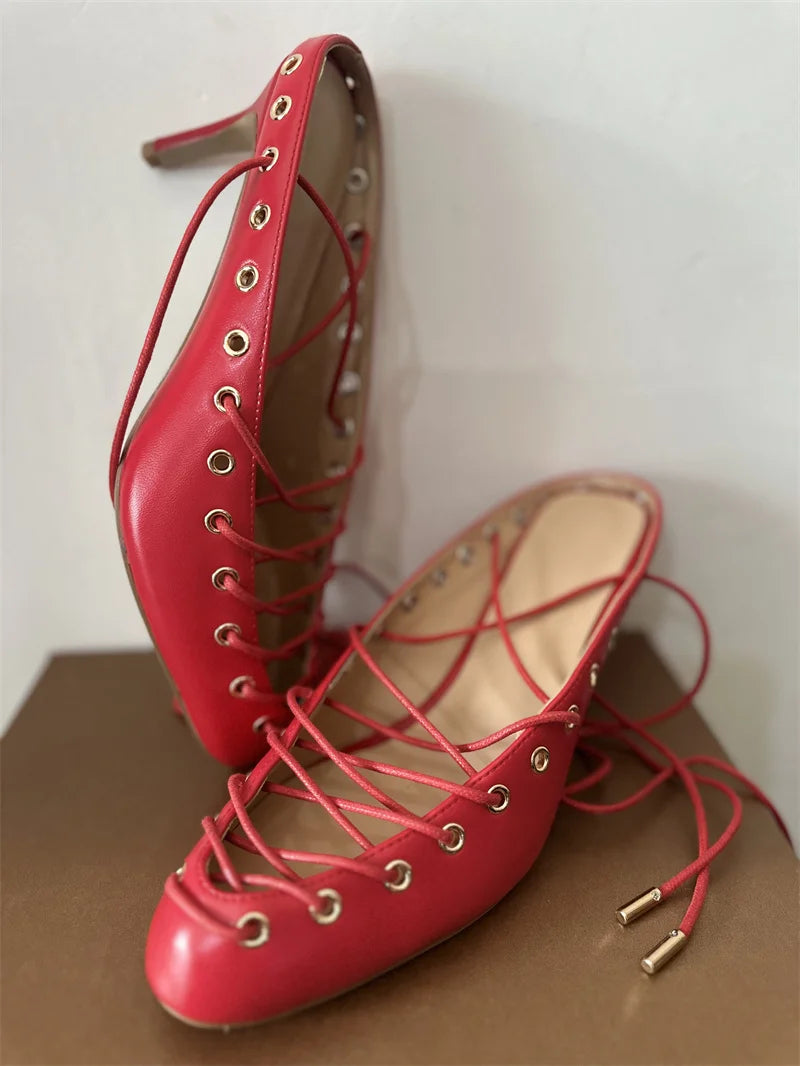 Women White Closed ToeLace Up Mules Kitten Heel Stiletto Summer Sandals Coeset Heels