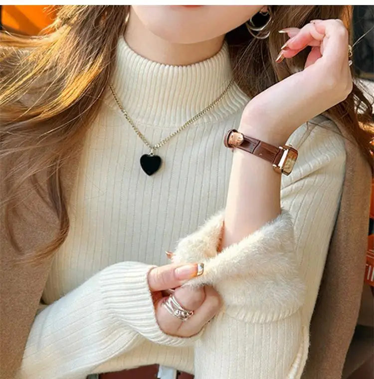 Women's Turtleneck Sweater Winter Retro Red With Velvet Lining Thickened Inner Wear Thermal Knitting Bottoming Shirt