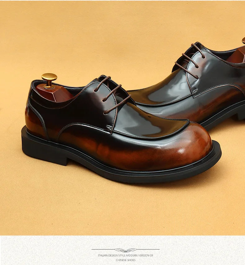 Men's business lace up casual leather shoes British big toe shoes cowhide patent leather round toe derby shoes Retro men's shoes