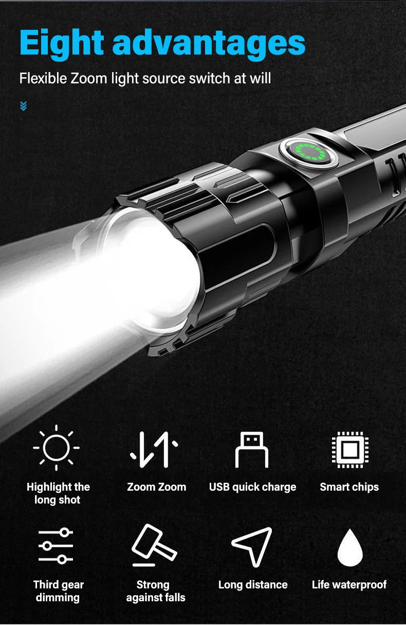 Super Bright Zoom Flash Flashlight,3 Lighting Modes,Rechargeable Portable LED Torch,Ideal for Outdoor,Camping,Fishing,Emergency