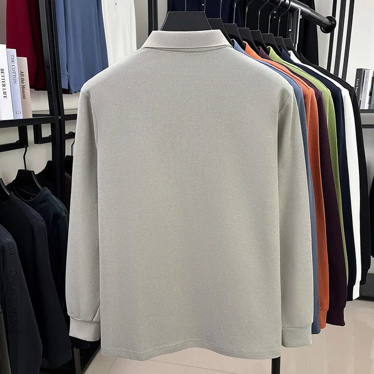 Men's Autumn 100% Breathable Cotton, Long-Sleeve Polo Shirt - Classic Cotton Collared T-Shirt With Business Casual Design