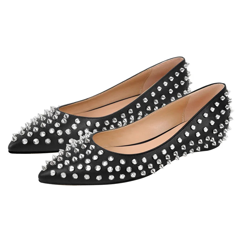 Woman Pointed Toe Rivet Slip On Black Studded Ballet Flat Fashion Elegent Shoes