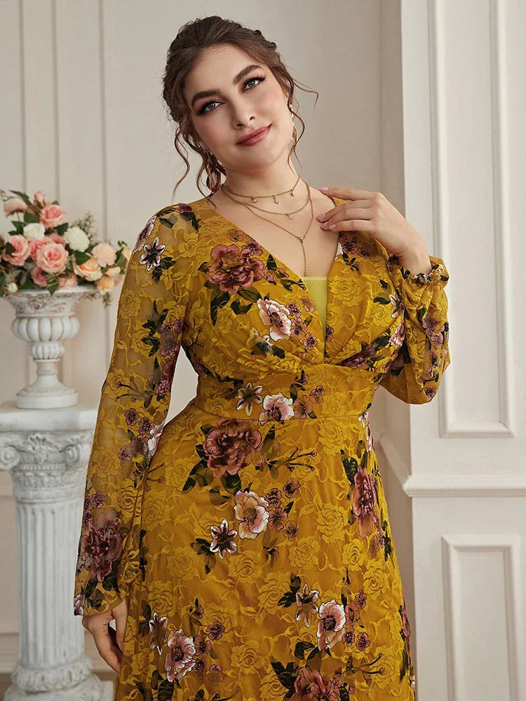 Spring Summer Lace Mesh Floral Print Lantern Sleeve Women Clothing 2024 New Plus Size Luxury Elegant Party Evening Dress