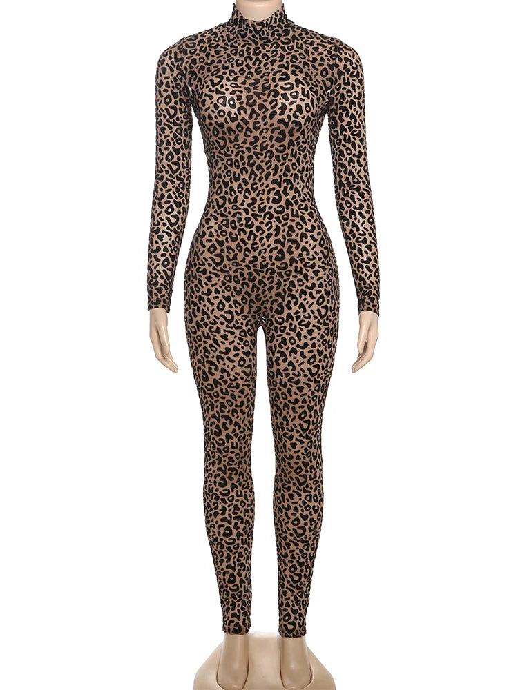 Autumn Sexy Leopard Mesh Jumpsuit Women Sexy Hipster Zip Stretch Midnight Workout Clubwear Fitness Street Overalls