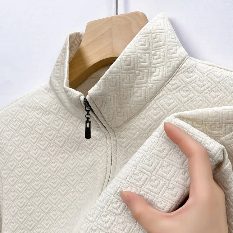 Men's Zipper Stand-Up Collar Long Sleeve T-shirt, Autumn & Winter Fashion Brand Loose Pullover With Advanced Geometric Jacquard Fabric