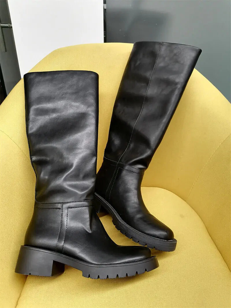 Women Black Matte Knee High Boots High Heeled Winter Warm Woman Fashion Snow Motorcycle Boots
