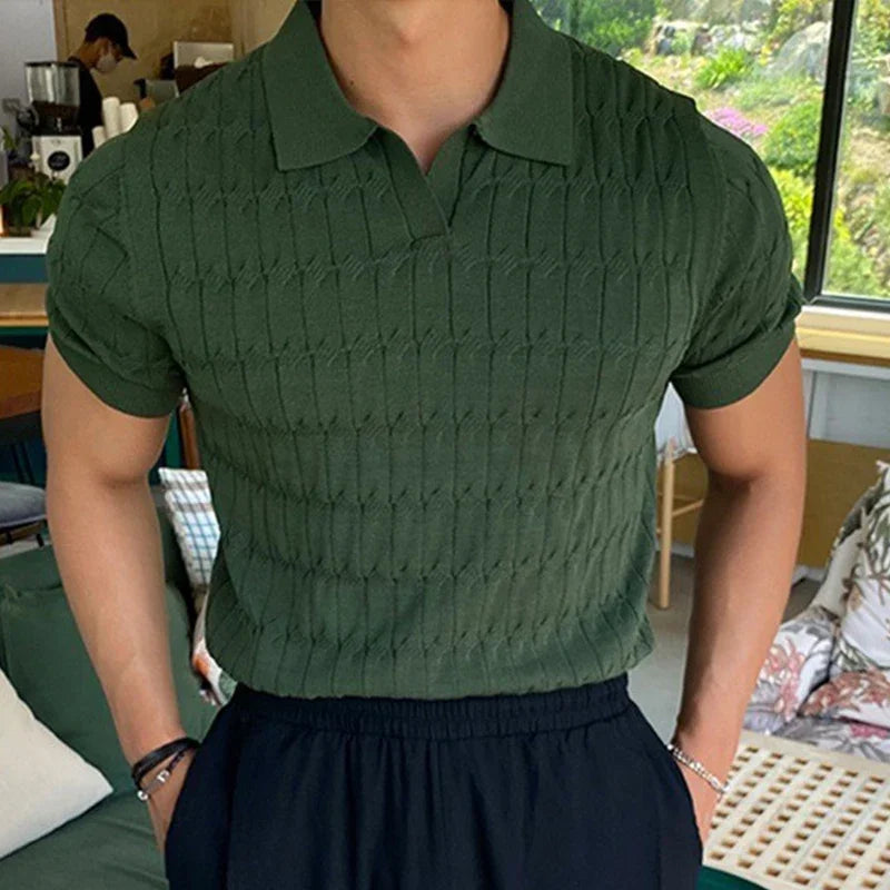 Men's Jacquard Knitted Polo, Casual V-Neck Striped T-shirt, Solid Colour Short Sleeved Lightweight Breathable Luxury Male Clothing