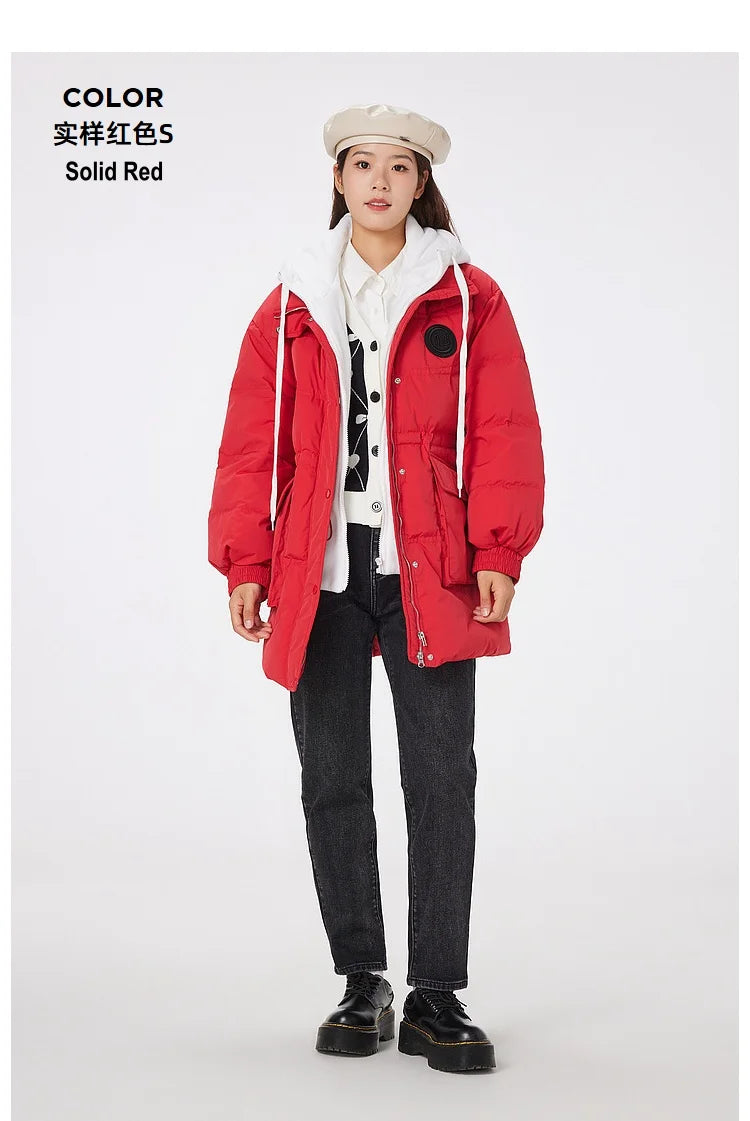 Women's Faux Two-Piece Mid-Length Puffer Jacket With Cosy Polar Fleece Lining, Hooded Warmth Loose Duck Down Coats For Ladies