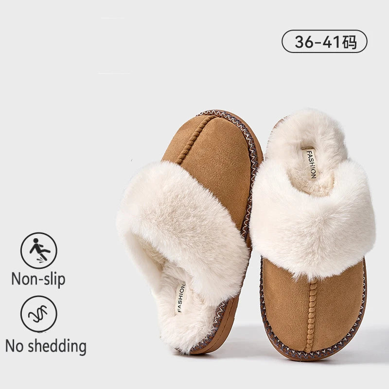 Women's Warm Fuzzy Slippers Winter Fur Collar Indoor Plush Flat Slides Fluffy Ladies' Cotton Shoes Furry House Slippers
